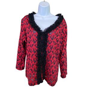 Vintage Caia Red Black Lace Blouse XL Floral Sheer Ruffle Gothic Romantic Goth